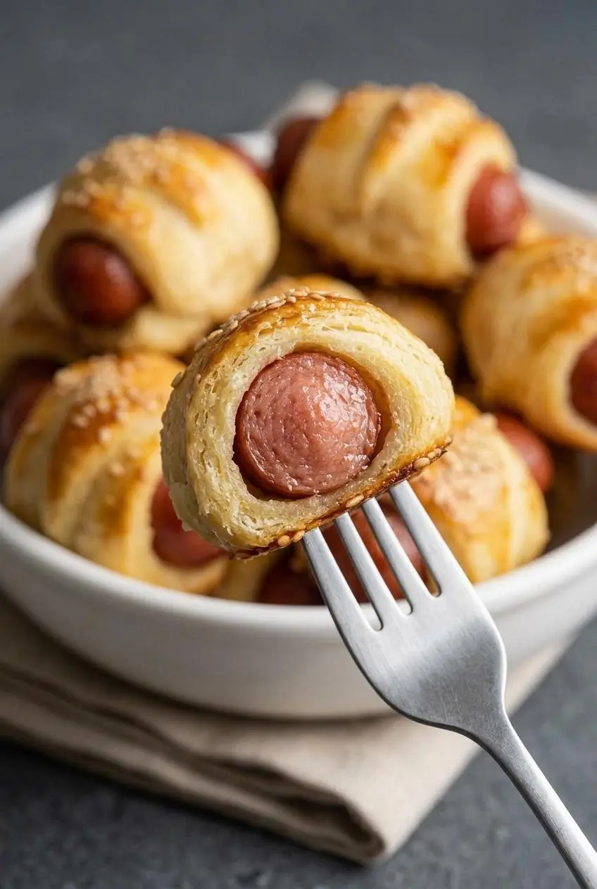 Close-up sliced keto pig in a blanket showing the juicy hot dog center and golden mozzarella pastry crust.