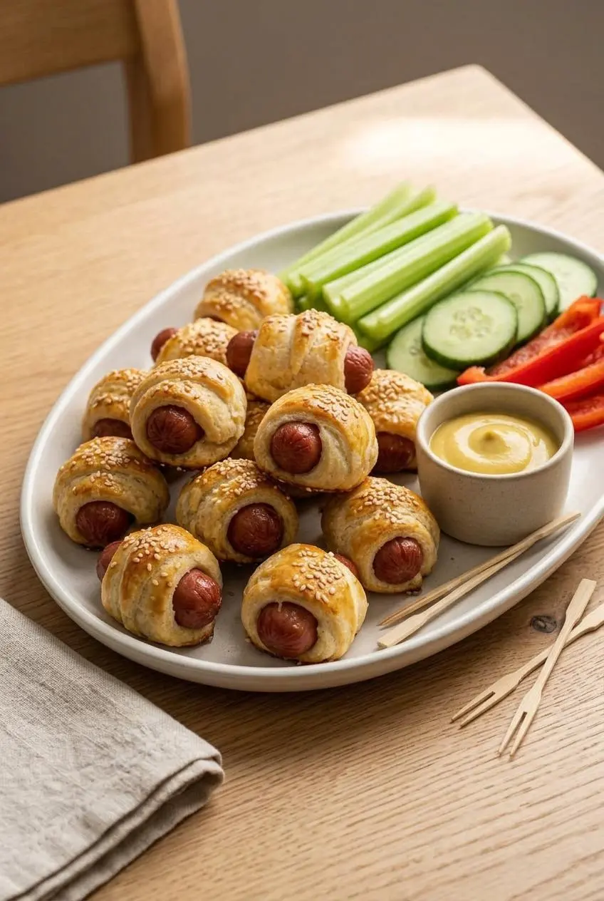 Platter of keto pigs in a blanket served with yellow mustard, celery sticks, and sliced cucumbers.