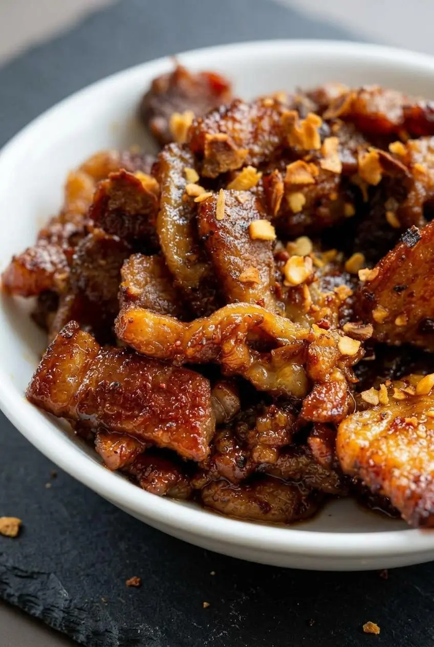 Close-up of glazed pork belly cubes showing rendered fat layers and caramelized crust