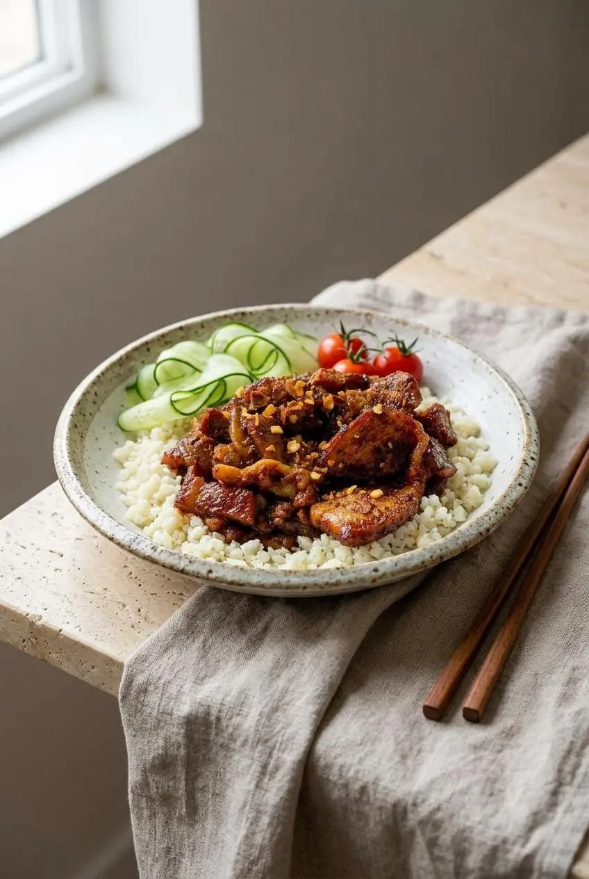 Glazed keto pork belly served in a bowl with riced cauliflower and fresh cucumber ribbons