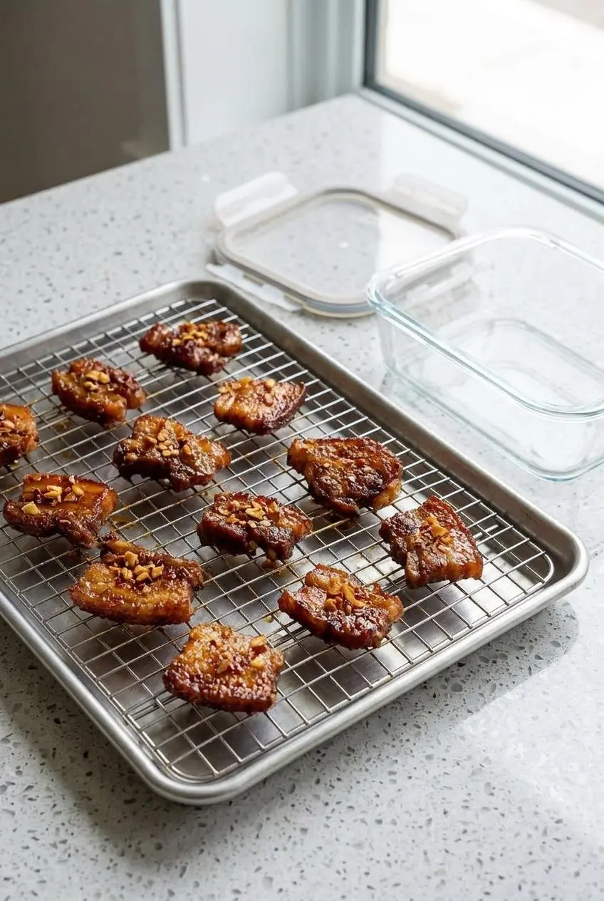 Cooked pork belly bites spaced on a wire baking rack next to a glass storage container