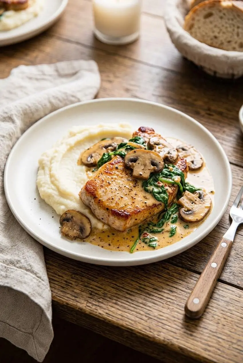 Plated keto pork chop in creamy mushroom sauce served alongside smooth mashed cauliflower.