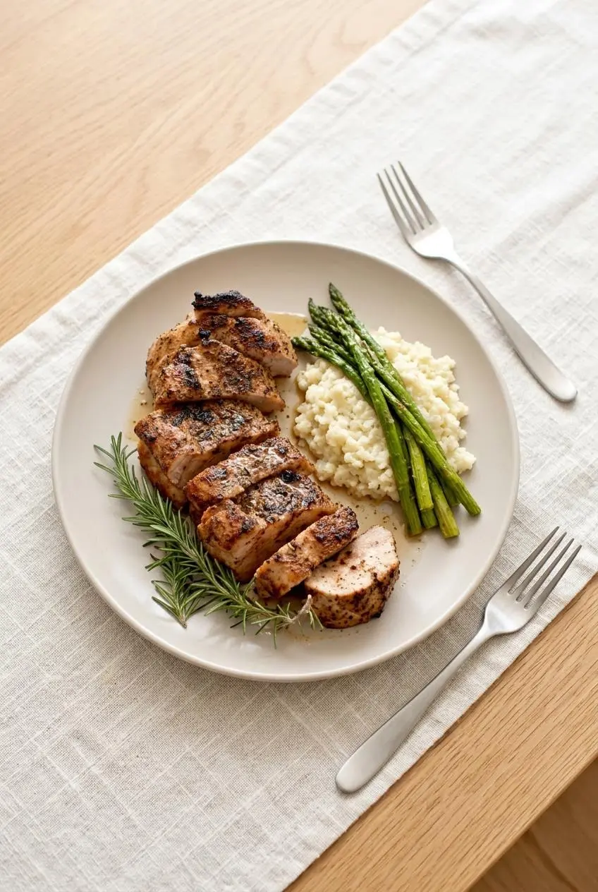 Sliced pork tenderloin with pan drippings served beside cauliflower mash and roasted asparagus.