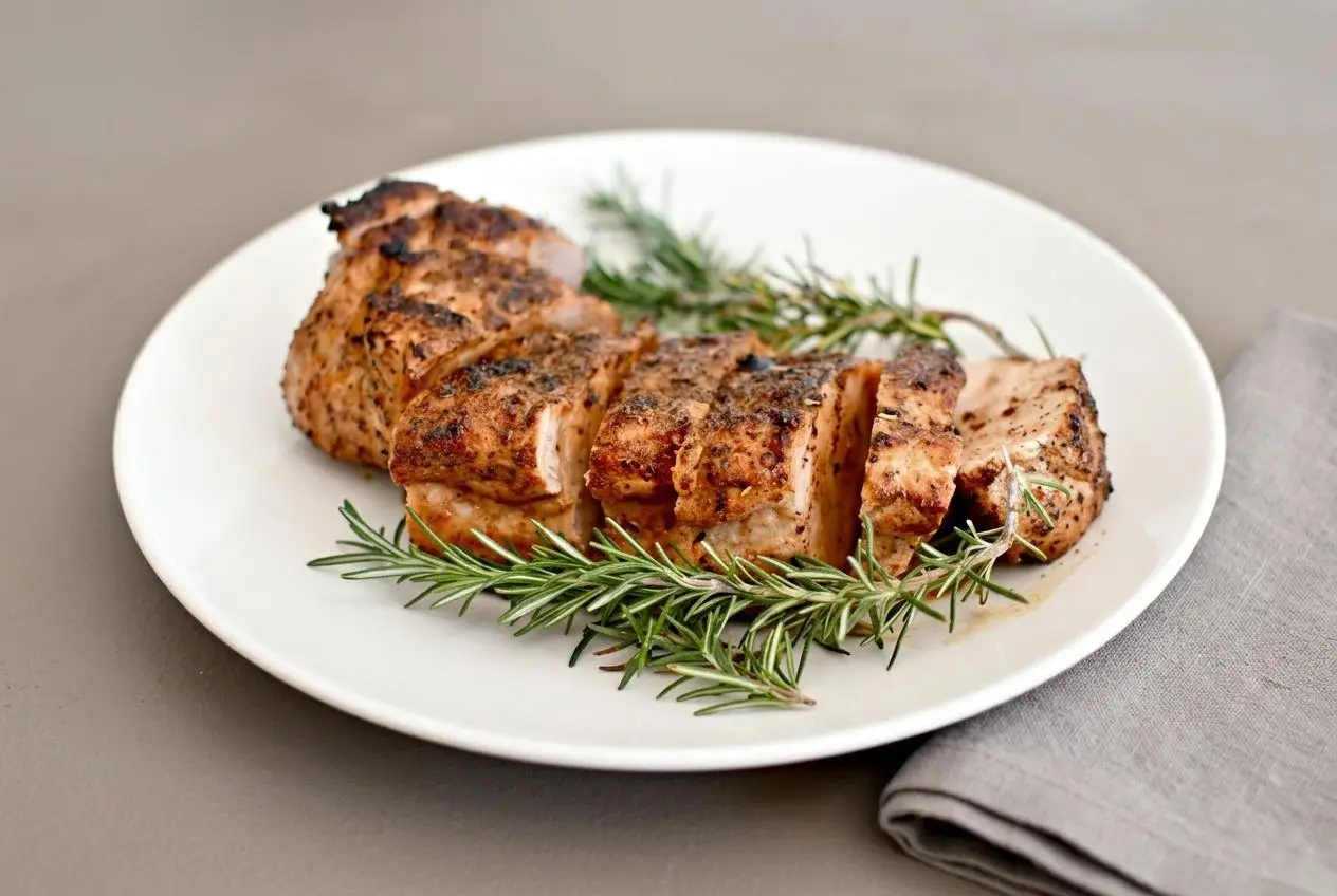 Juicy keto pork tenderloin sliced to show a golden herb crust and tender center.