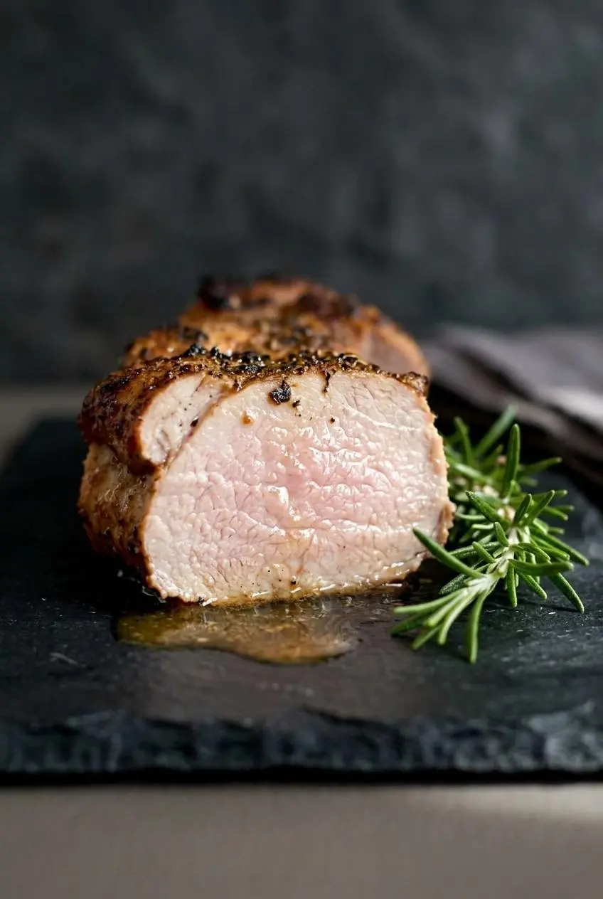 Macro slice of keto pork tenderloin showing a juicy blush-pink interior and herb rub.