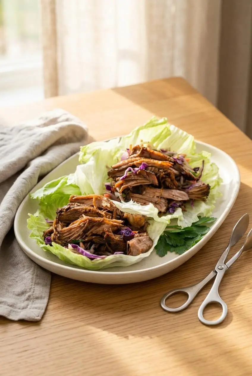 Crisp iceberg lettuce wraps filled with seasoned keto pulled pork and crunchy slaw.