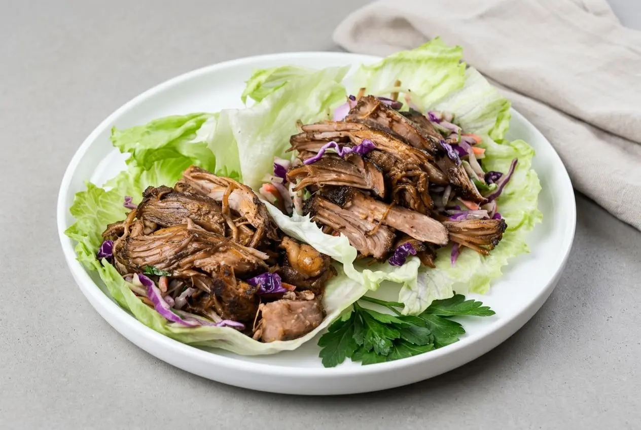 Tender keto pulled pork recipe shreds with a glossy spiced finish in crisp lettuce leaves.