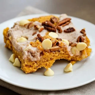 Keto pumpkin earthquake cake with moist spiced crumb, creamy fault lines, white baking chips, and chopped pecans.