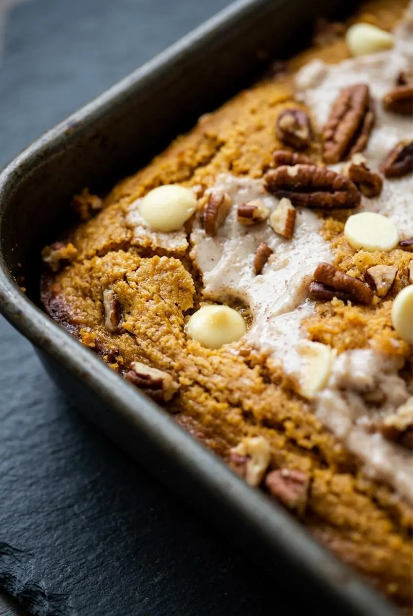 Close-up of cracked pumpkin cake surface showing moist almond flour crumb, glossy cream cheese crevices, and pecans.