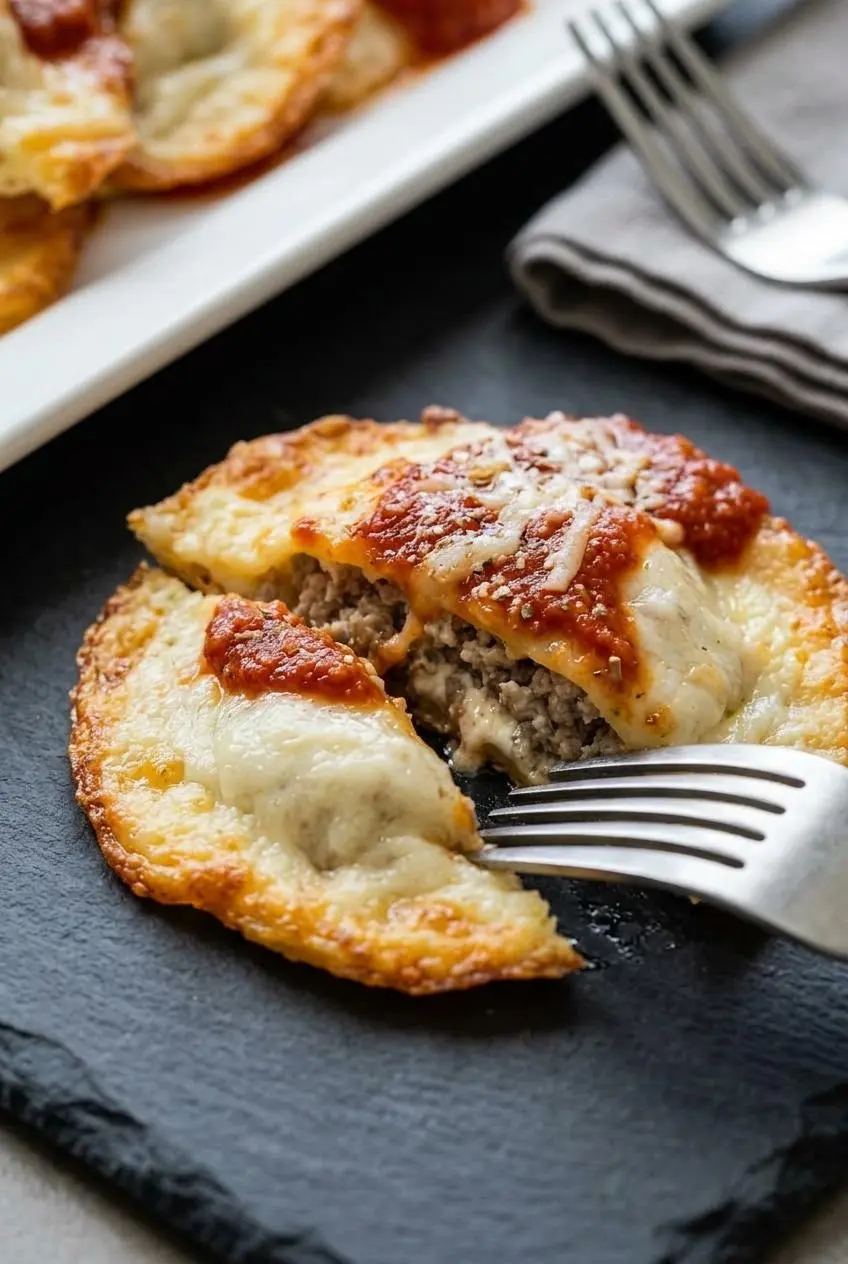 Tender keto ravioli cut open with a fork to reveal savory sausage and melted cheese filling.