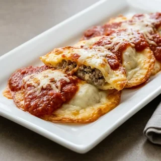 Golden-baked keto ravioli parcels with melted provolone wrappers and savory sausage filling.