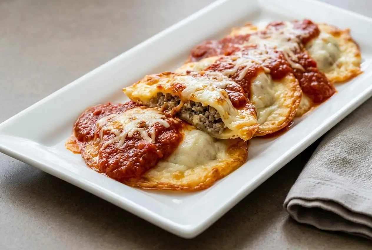 Golden-baked keto ravioli parcels with melted provolone wrappers and savory sausage filling.