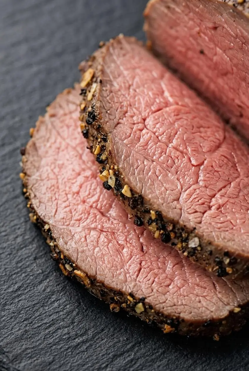 Macro view of rosy medium-rare roast beef slices with coarse black peppercorn seasoning.