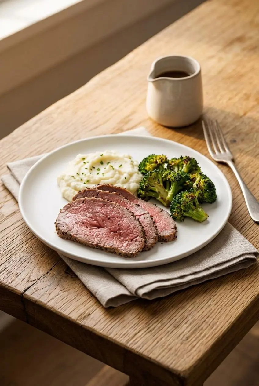 Slices of roast beef served with mashed cauliflower, roasted broccoli, and pan au jus.