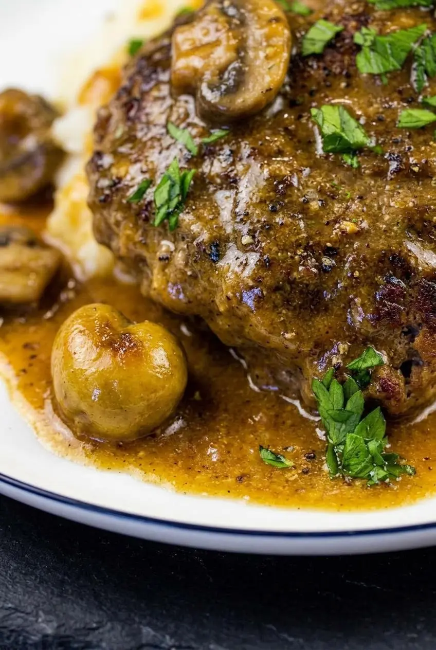 Close-up of velvety mushroom gravy clinging to caramelized keto salisbury steak