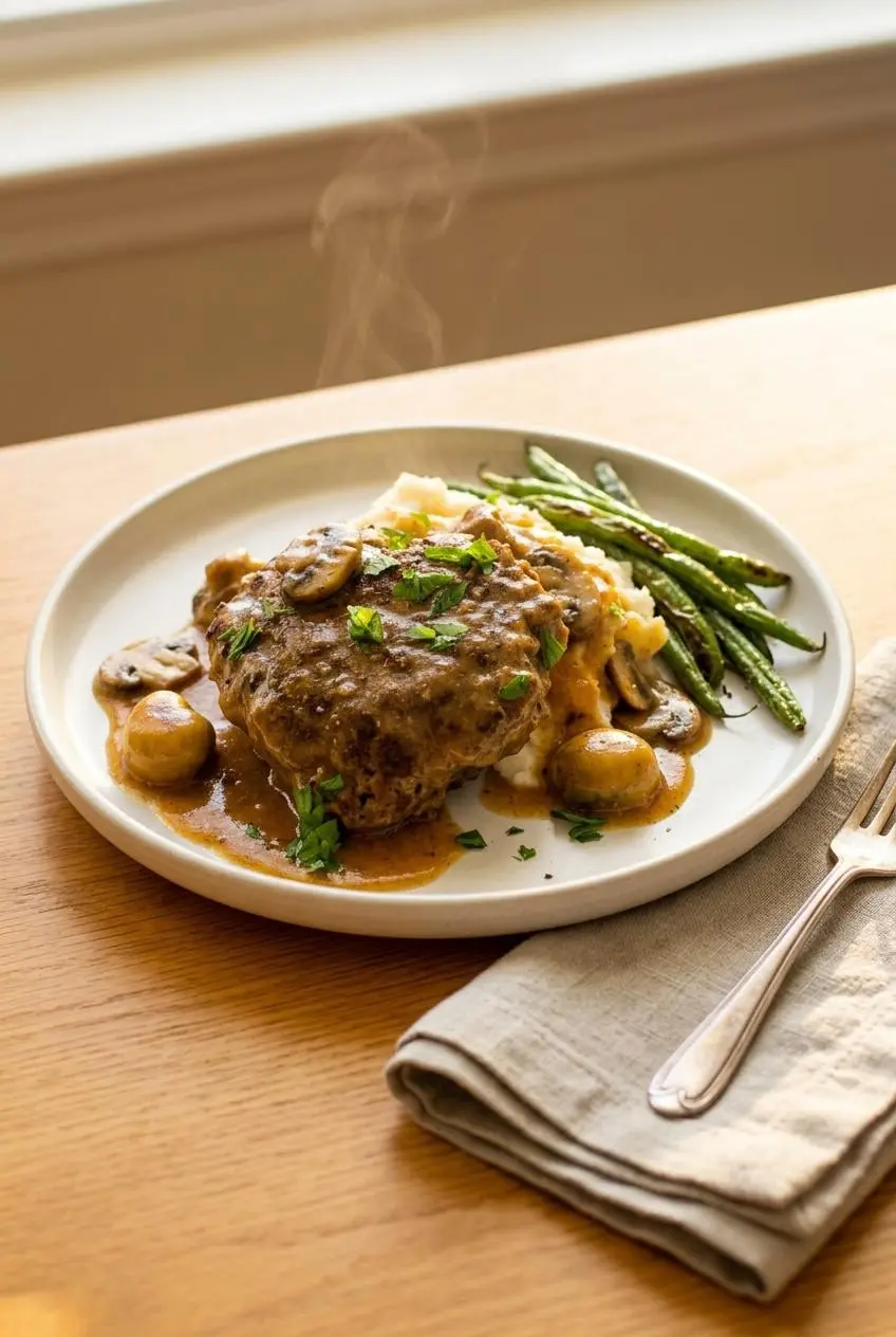 Keto salisbury steak served over creamy mashed cauliflower with roasted green beans