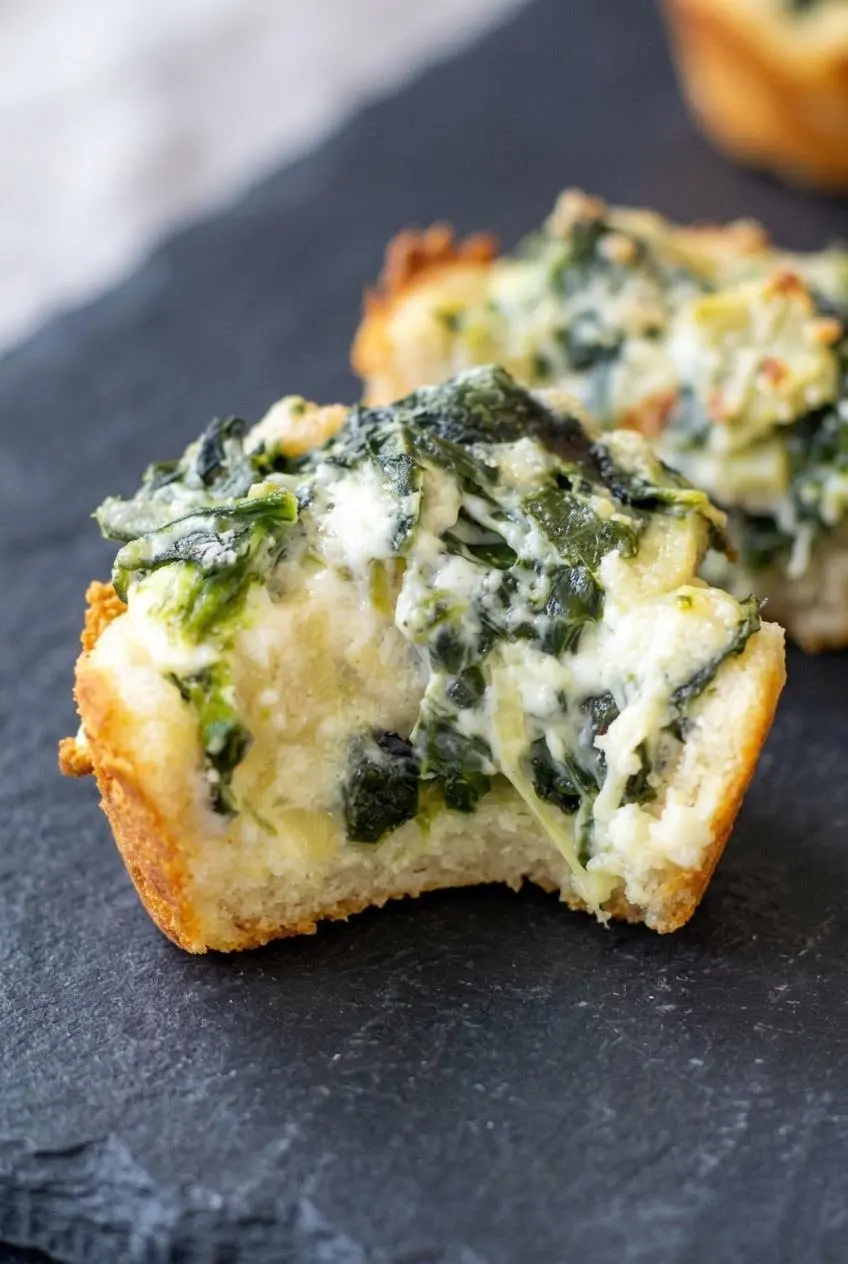 Close-up of a halved spinach artichoke dip bite showing a firm golden cheese crust and thick creamy filling