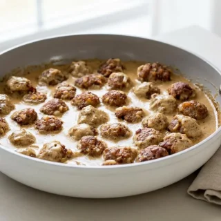 Tender keto swedish meatballs baked and coated in a glossy, savory cream pan gravy