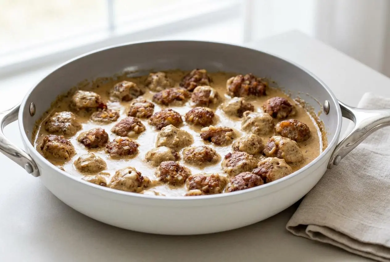 Tender keto swedish meatballs baked and coated in a glossy, savory cream pan gravy