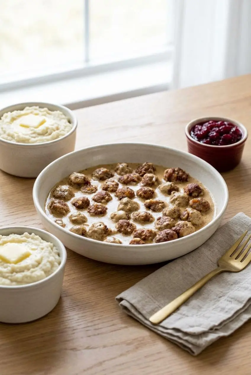 Keto swedish meatballs served with mashed cauliflower puree and sugar-free cranberry relish