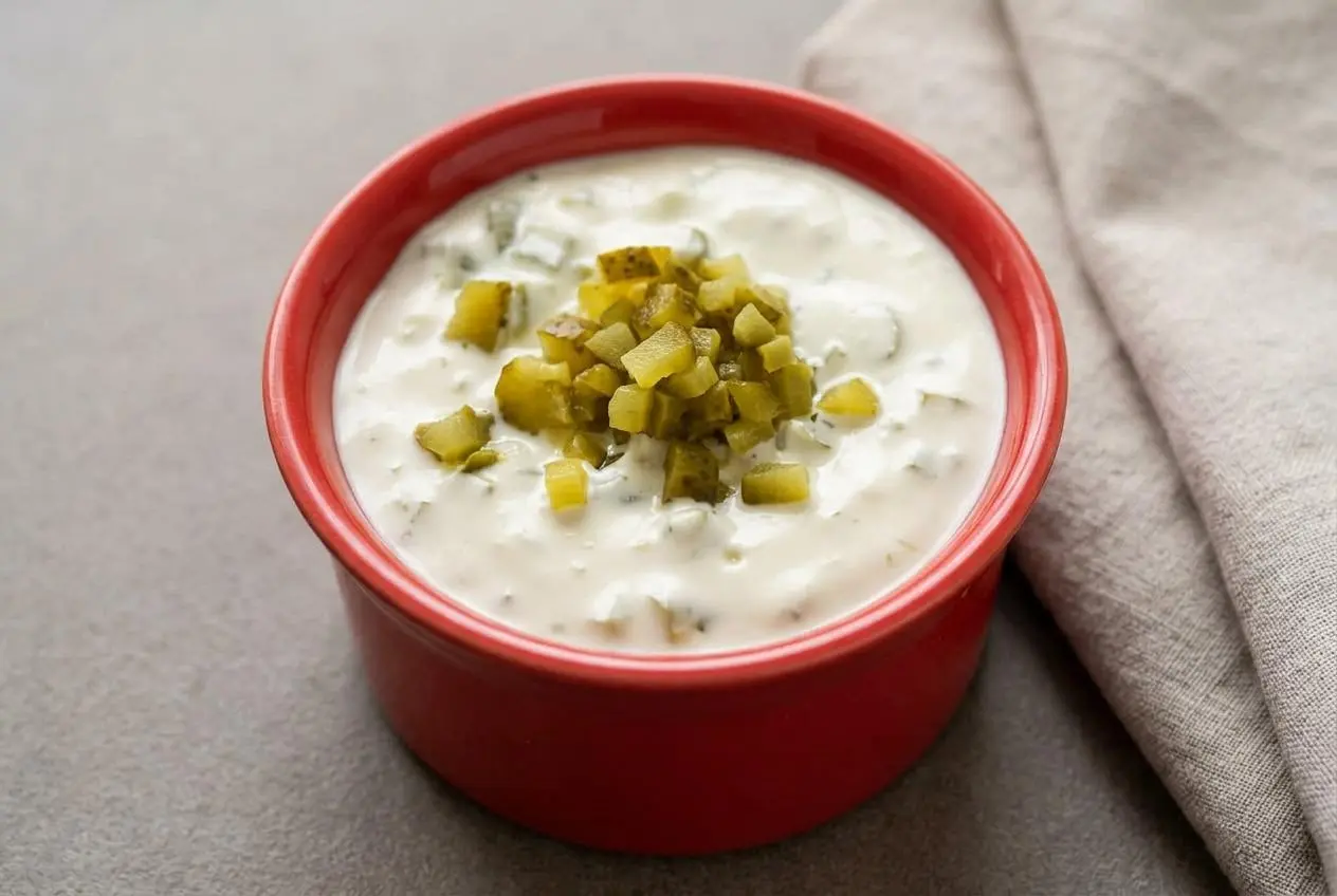 Creamy keto tartar sauce recipe served in a bowl, showcasing finely diced dill pickles and a glossy mayonnaise texture.