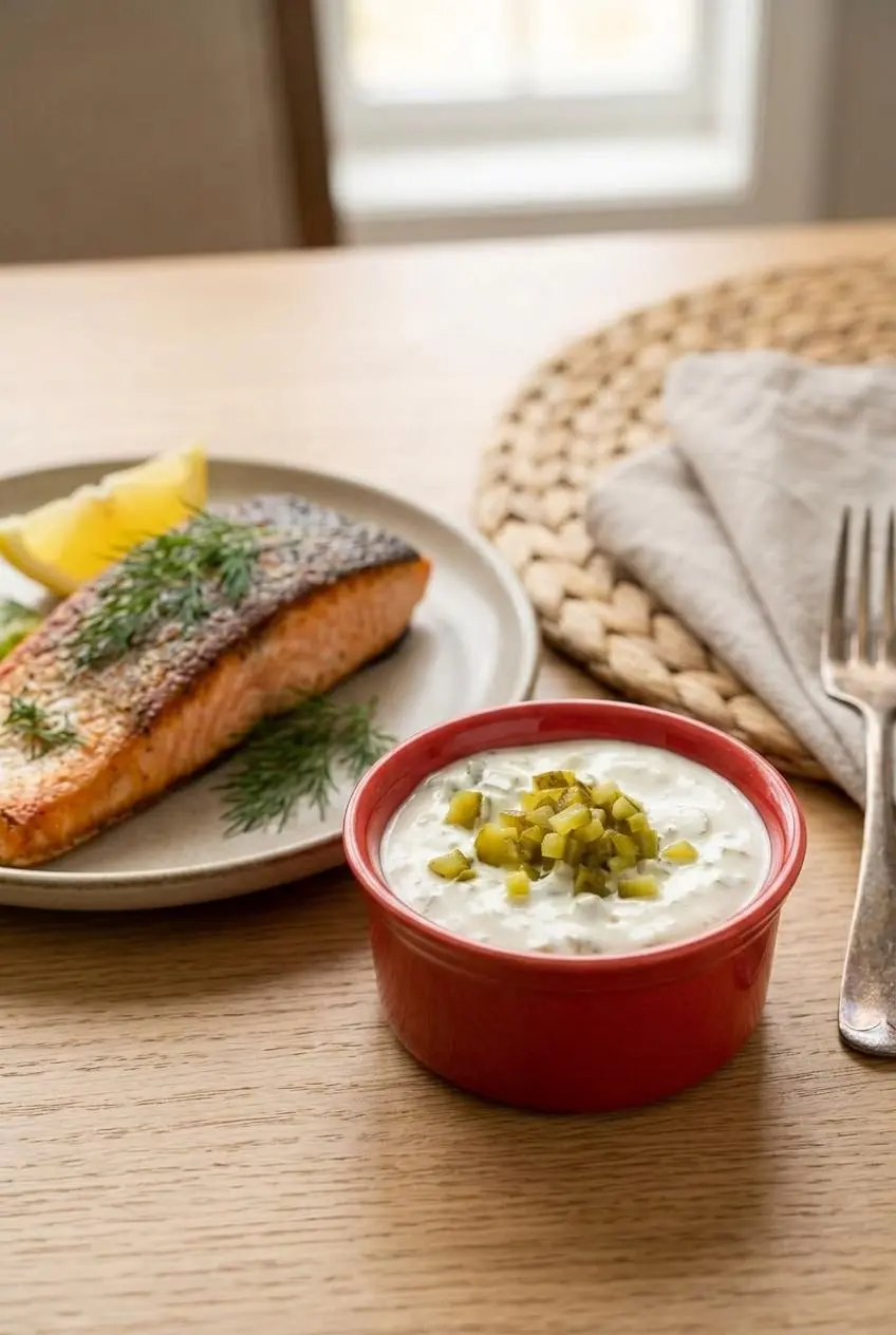 Pan-seared salmon fillet served alongside a bowl of creamy tartar sauce and a lemon wedge on a ceramic plate.