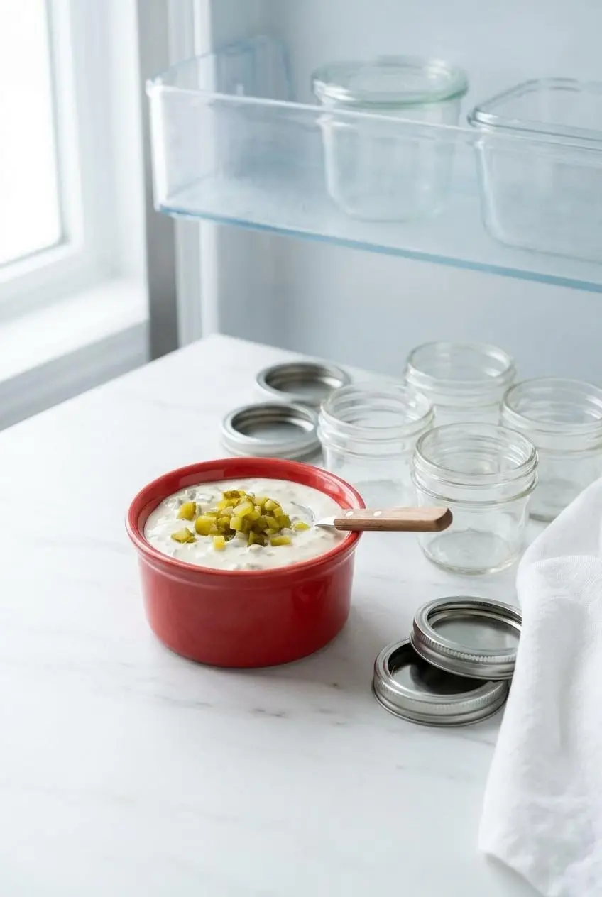 Freshly prepared keto tartar sauce stored in a small glass preservation jar ready for refrigerator chilling.