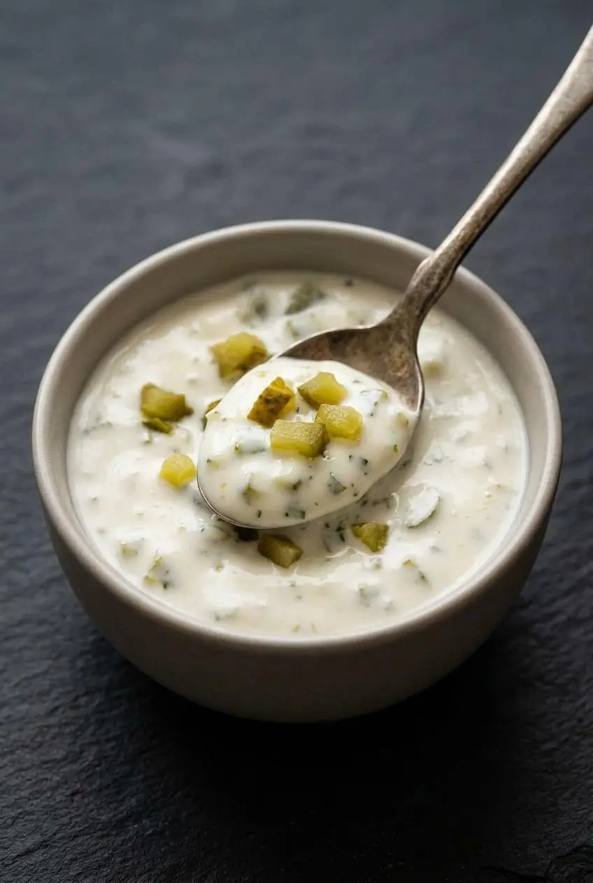 Spoon lifting thick tartar sauce with finely diced pickles, showing a glossy emulsion without liquid pooling.