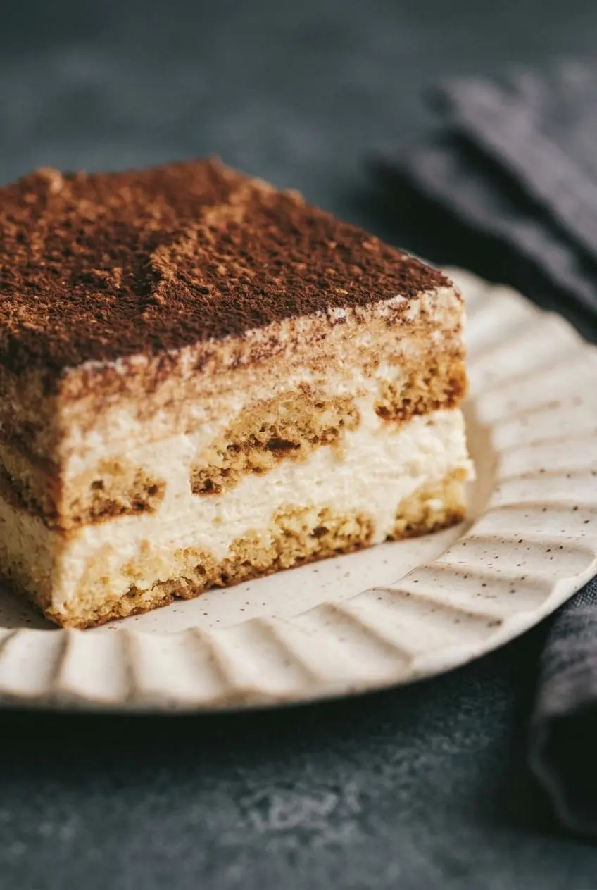 Macro cross-section of keto tiramisu showing airy mascarpone cream and intact coffee-soaked sponge foundation.