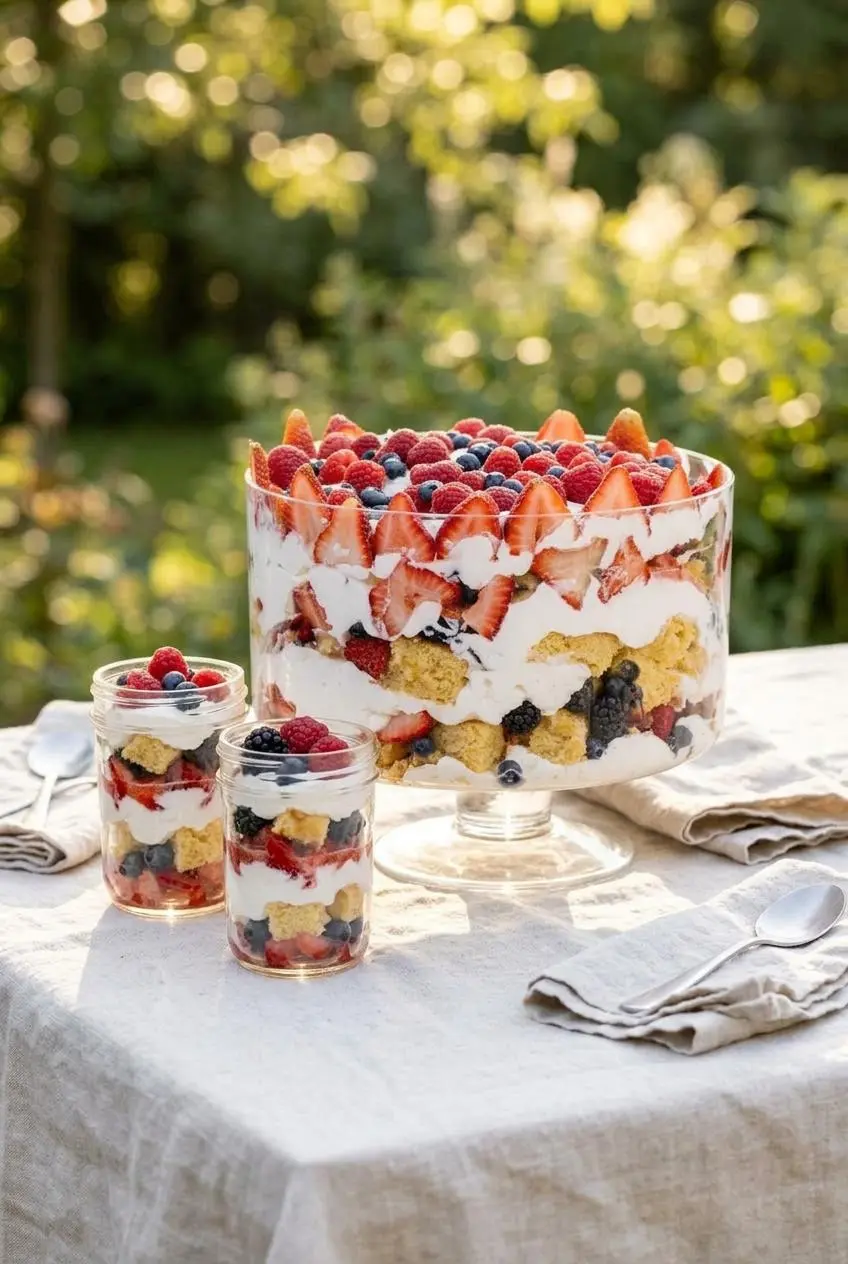 Large glass keto trifle bowl alongside two individual mason jars filled with layered cake, lemon cream, and berries.