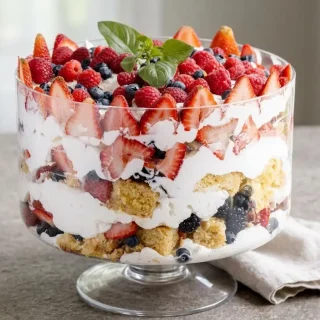 Keto trifle in a clear glass bowl with tender almond flour cake cubes, strawberry puree, billowy lemon cream, and berries.