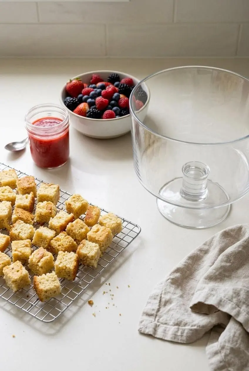Cubed almond flour cake on a wire cooling rack next to a jar of strawberry puree, bowl of berries, and empty trifle dish.