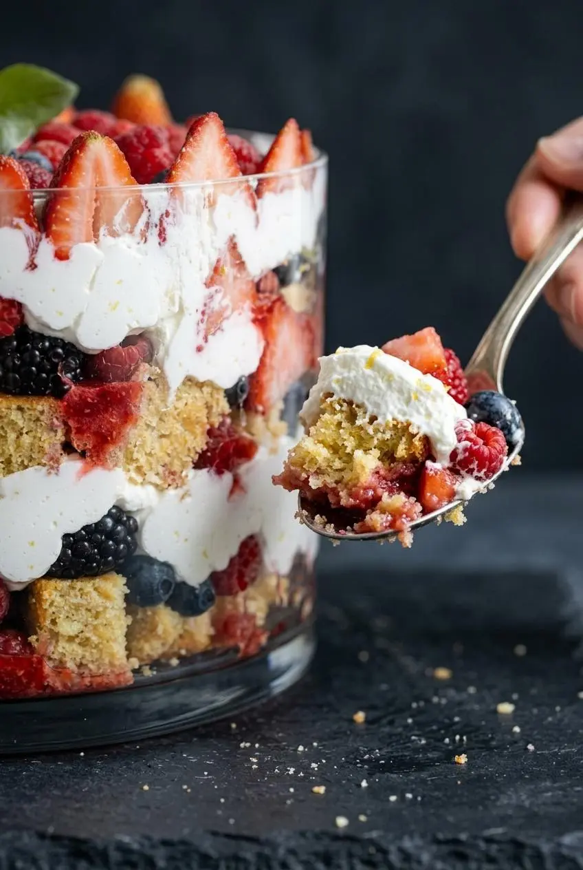 Close-up of keto trifle layers and a silver spoon holding airy almond flour cake, lemon zest cream, and fresh berries.