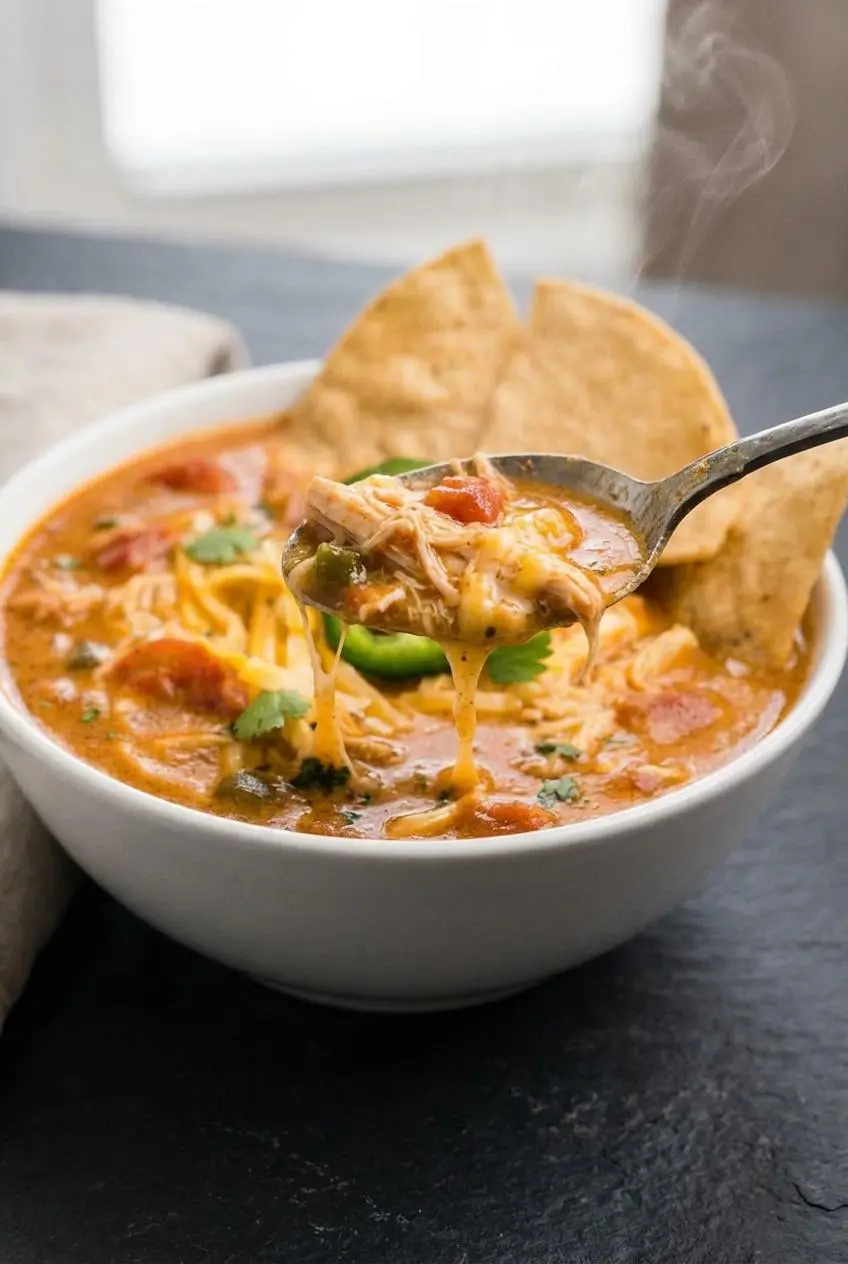 Metal spoon lifting tender chicken chunks and smooth creamy Tex-Mex cheese broth with tomatoes and green chiles