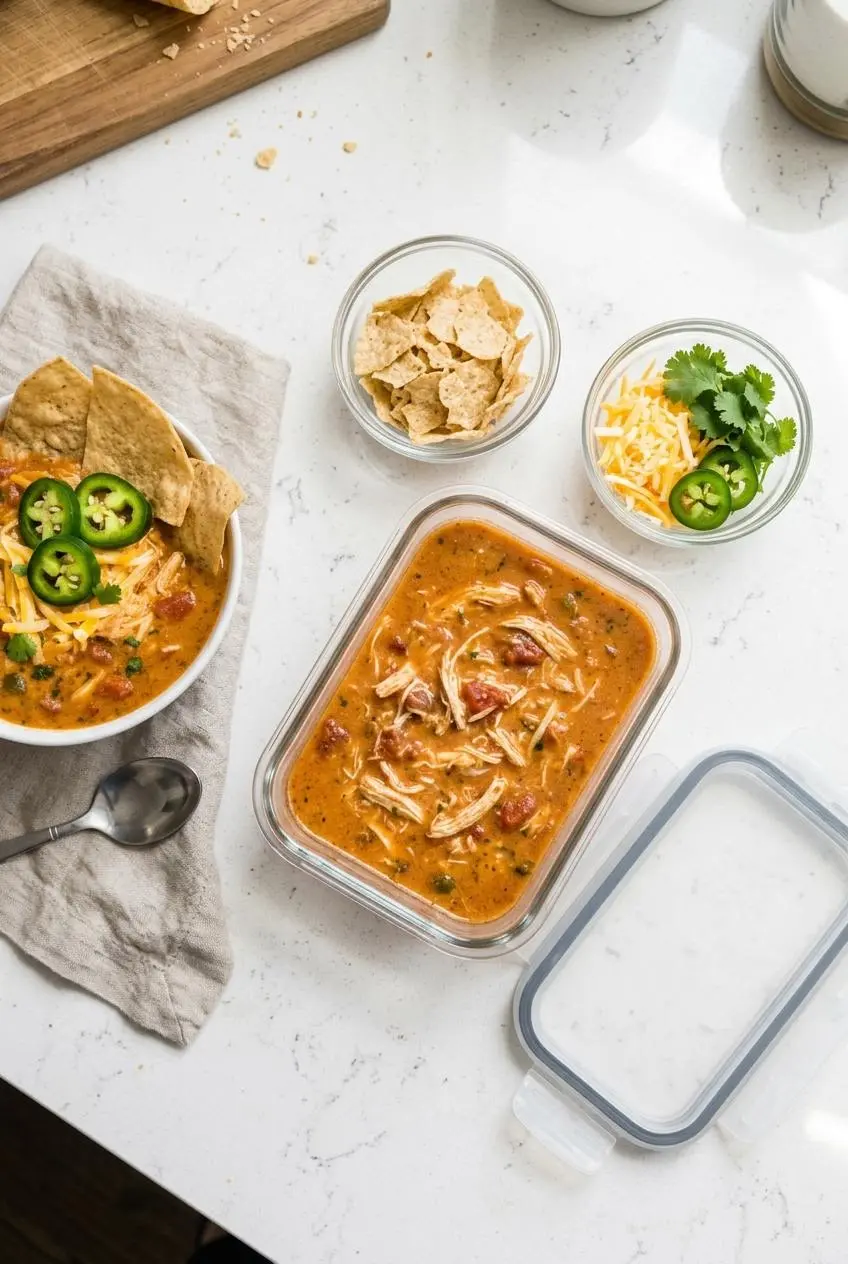 Cooled King Ranch chicken soup in a clear glass container on a counter with separate bowls of chips, cheese, and cilantro