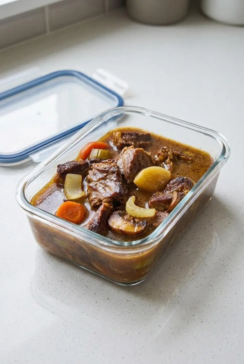 Leftover keto beef stew stored in a clear glass meal-prep container