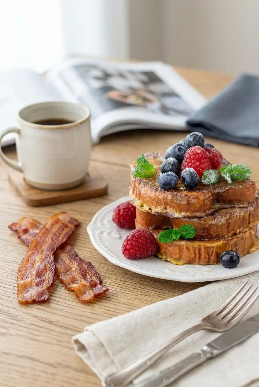 Keto French toast served with sugar-free syrup, fresh raspberries, whipped cream, and crispy bacon.