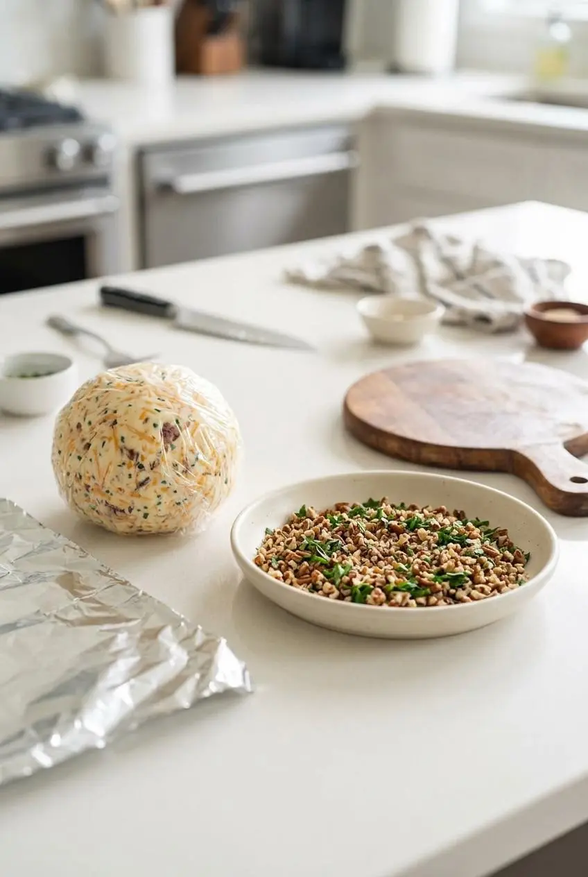 Uncoated cheese ball wrapped in plastic wrap with foil beside a dish of chopped pecans and parsley for prep.