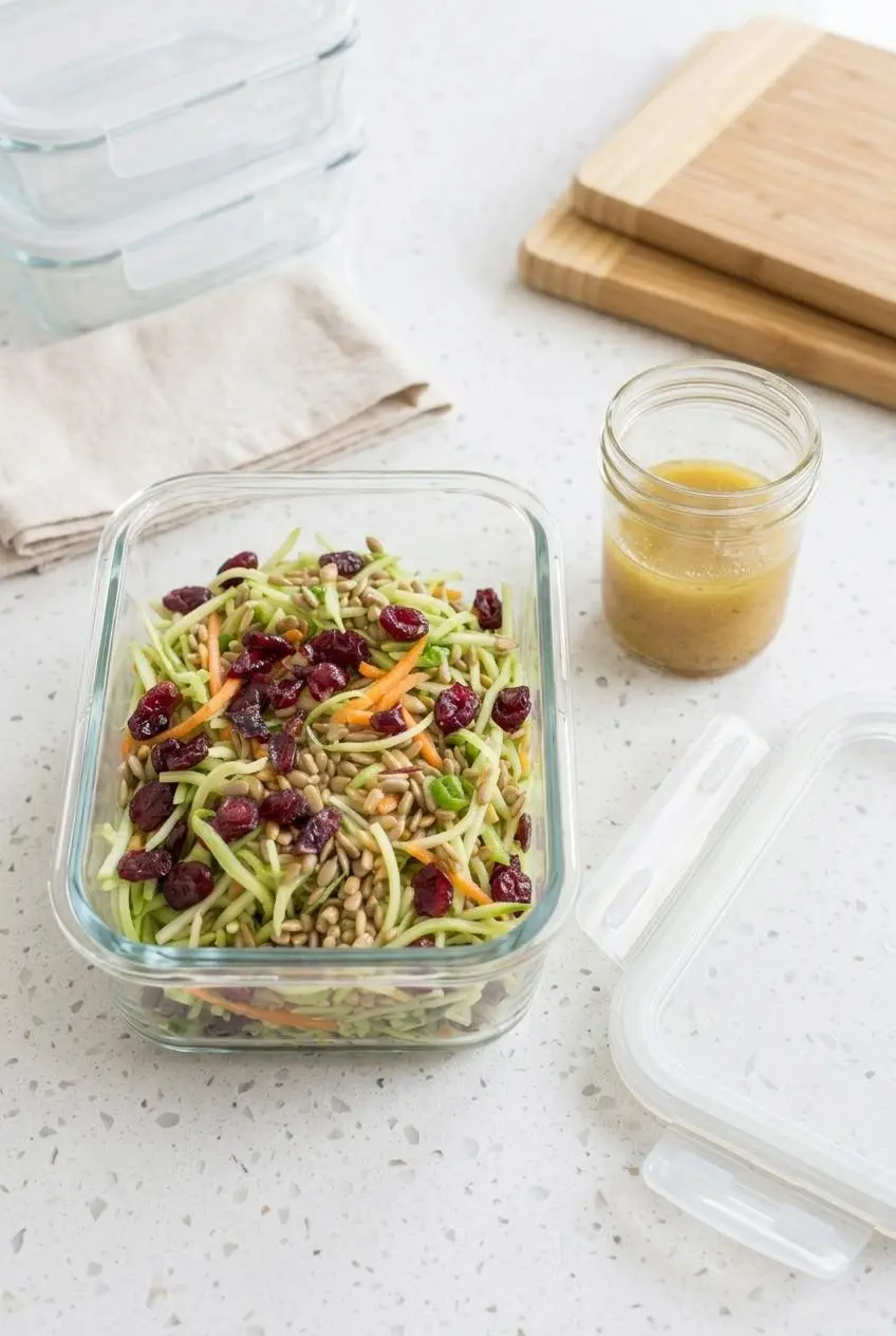 Meal-prep glass container of dry shredded broccoli slaw beside a small jar of vinaigrette.