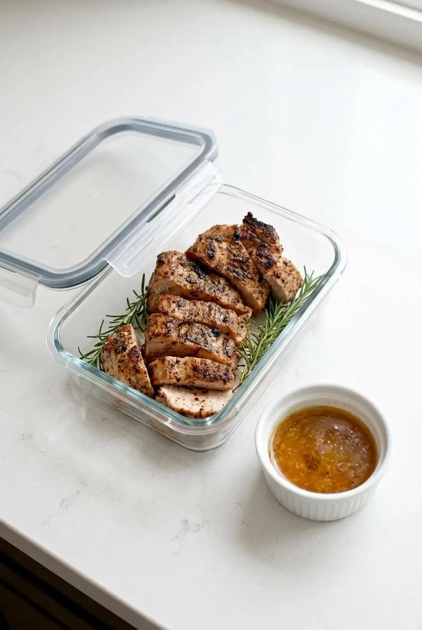 Sliced roasted pork tenderloin in a glass meal-prep container with a ramekin of pan drippings.