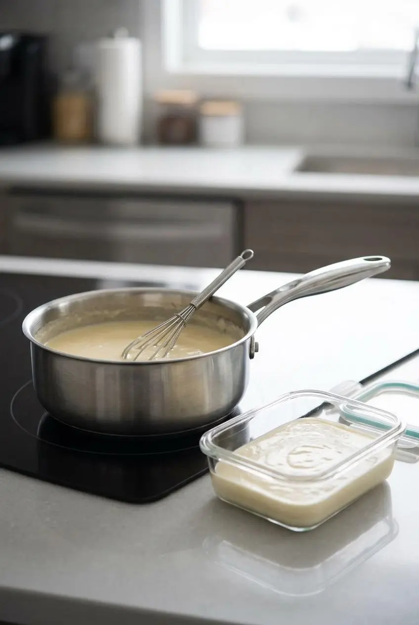 Reheating refrigerated alfredo sauce gently in a small saucier pan next to a glass storage container.