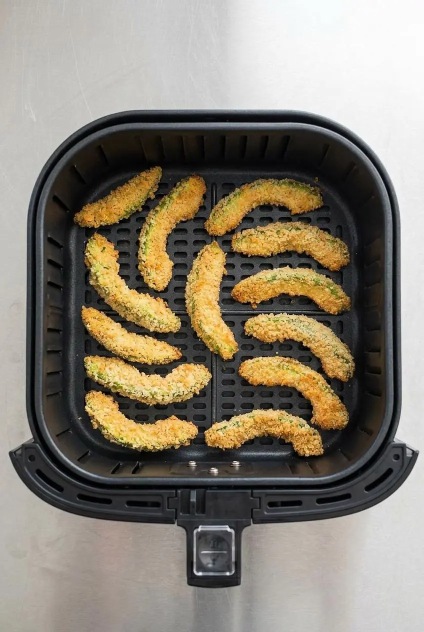 Keto avocado fries arranged in a single spaced layer in an air fryer basket for reheating.