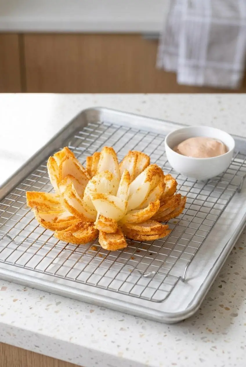 Baked blooming onion resting on a wire rack over a baking sheet for oven reheating.