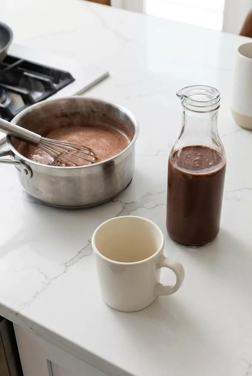 Saucepan warming keto hot chocolate beside a sealed glass bottle of chilled mixture on a counter.