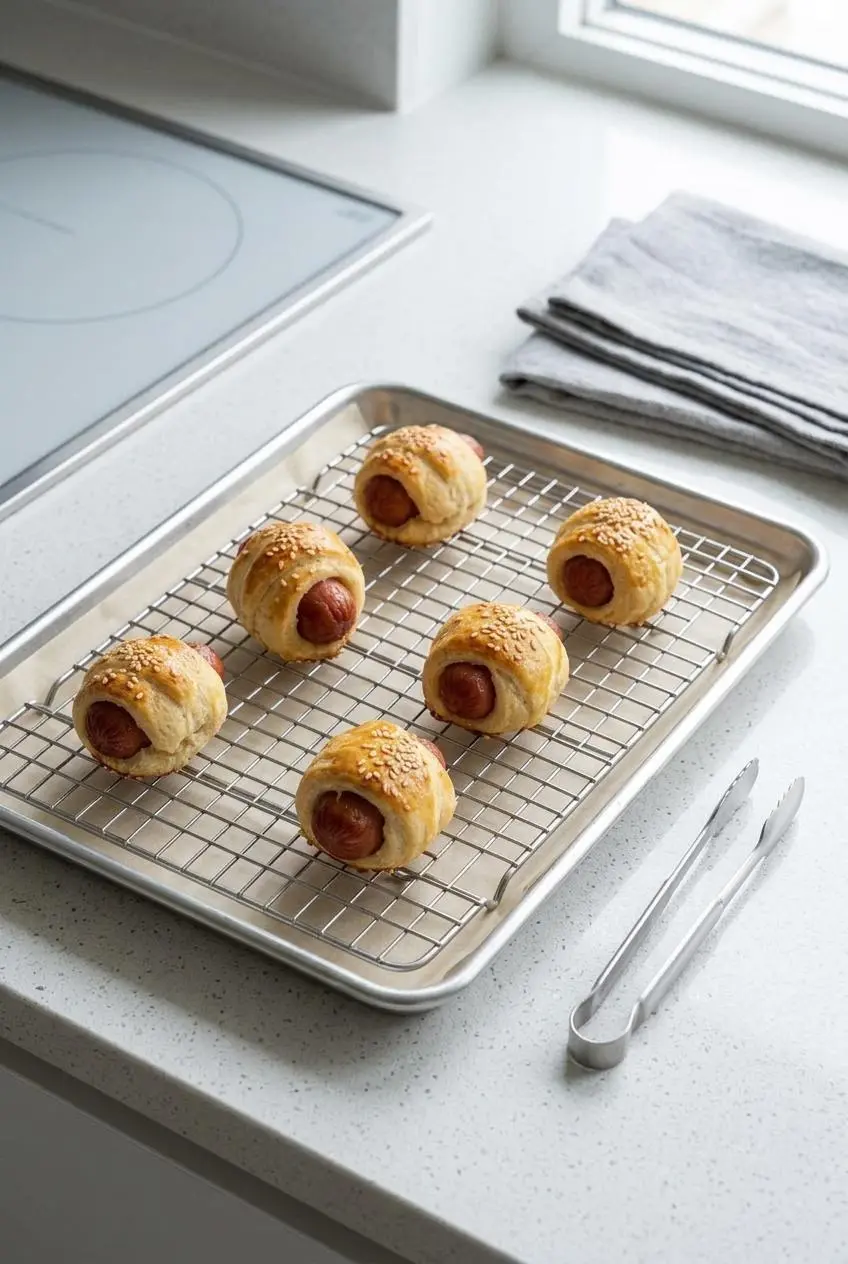Keto pigs in a blanket spaced on a wire rack over a baking sheet for crisp reheating.