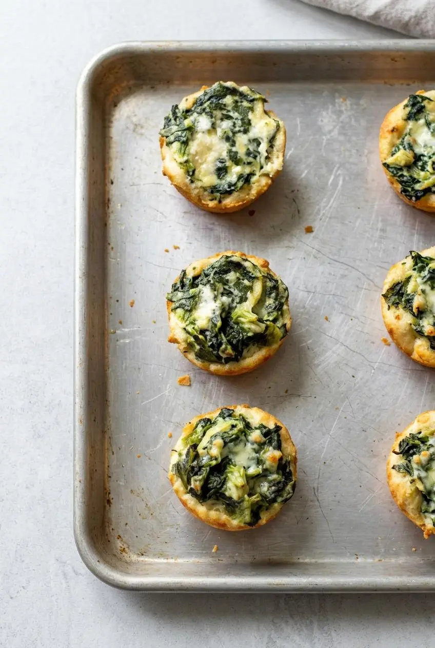 Baked spinach artichoke dip bites spaced evenly apart on a metal baking sheet for oven reheating