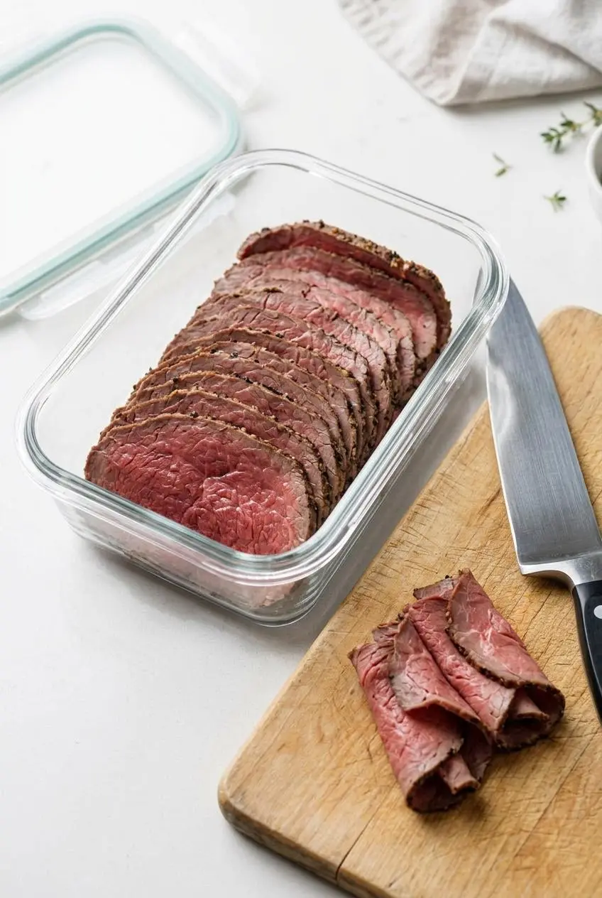 Thinly shaved deli-style roast beef stored in a glass meal prep container on a white counter.