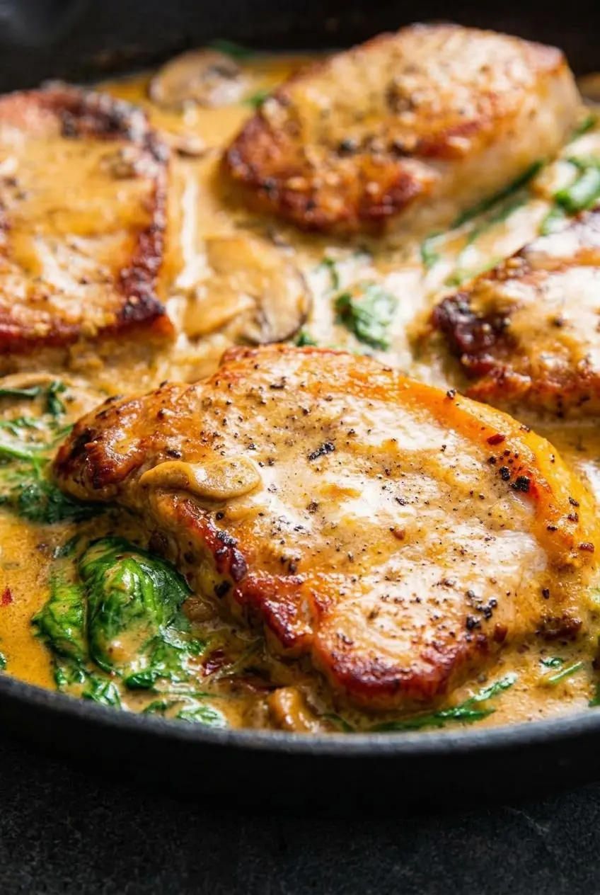 Close-up of caramelized golden sear on a juicy pork chop coated in rich mushroom cream sauce.