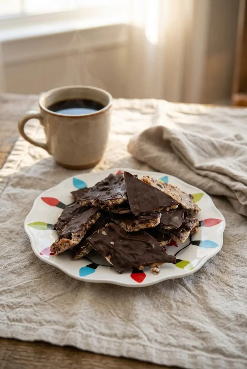 Platter of keto christmas crack shards served on a linen table next to a cup of black coffee
