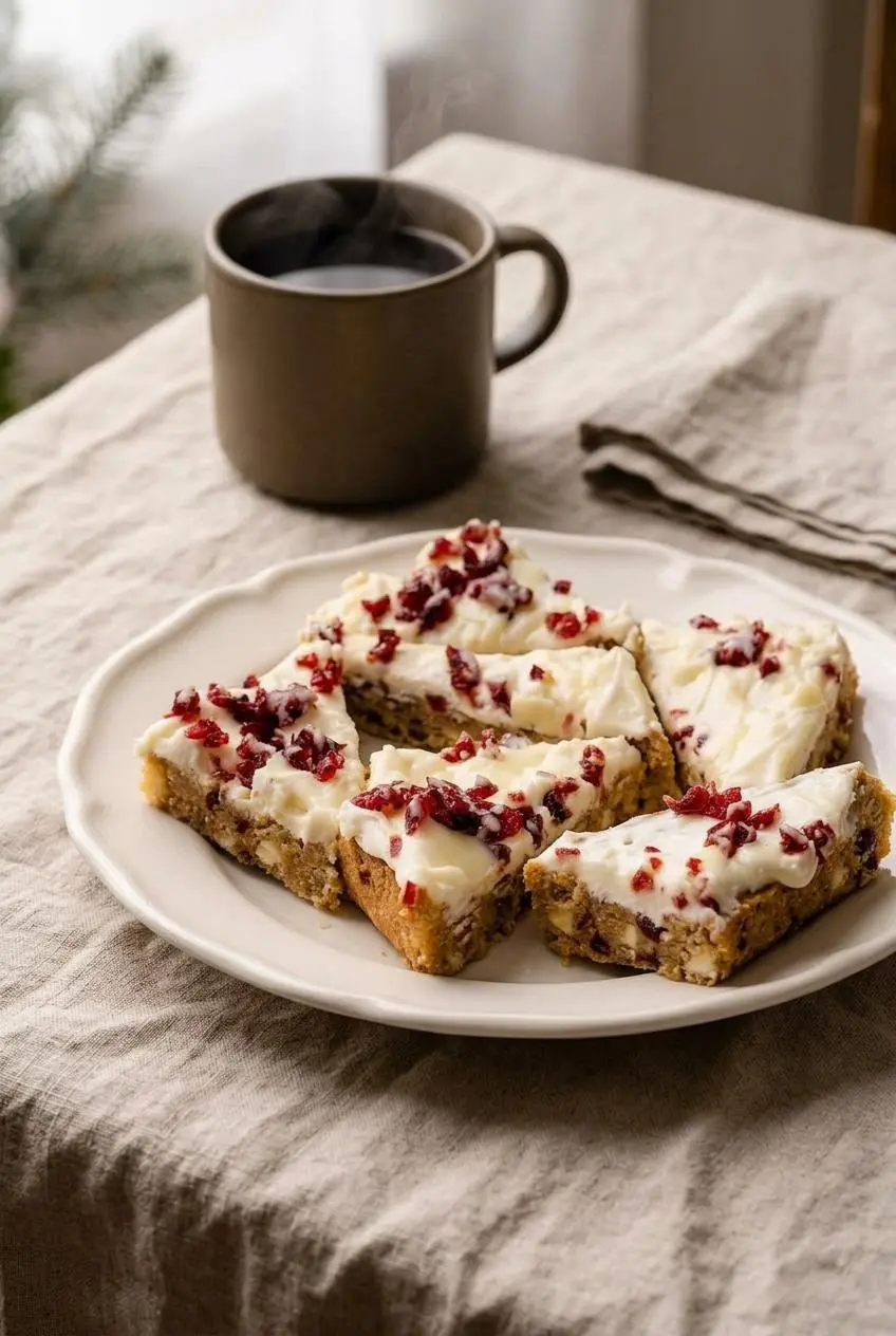 Platter of triangle-cut cranberry bliss bars served on a linen table next to a ceramic mug of black coffee